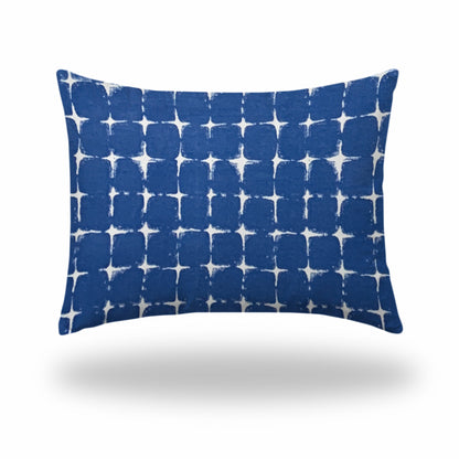 12" X 16" Blue And White Blown Seam Gingham Lumbar Indoor Outdoor Pillow