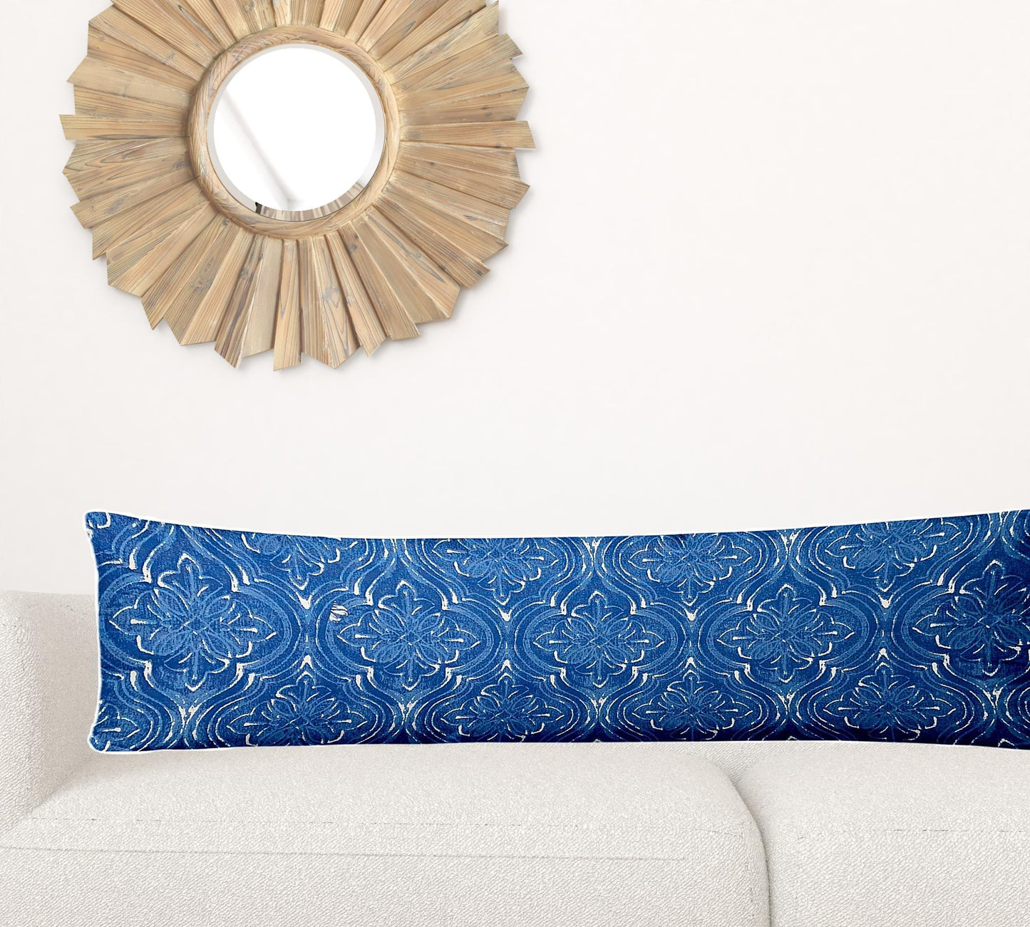 12" X 16" Blue And White Enveloped Ikat Lumbar Indoor Outdoor Pillow