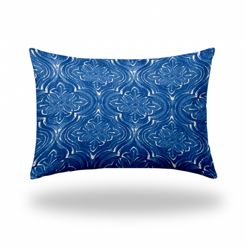 12" X 16" Blue And White Enveloped Ikat Lumbar Indoor Outdoor Pillow