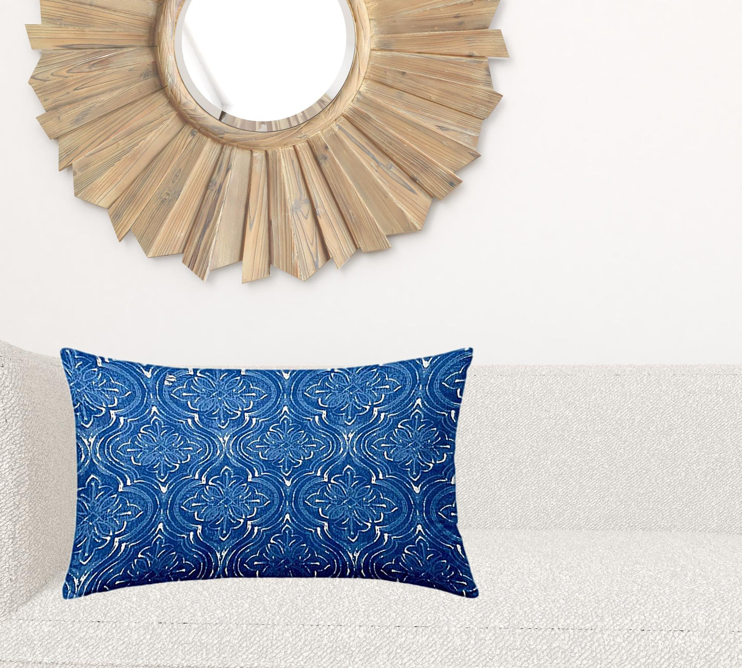 12" X 16" Blue And White Enveloped Ikat Lumbar Indoor Outdoor Pillow