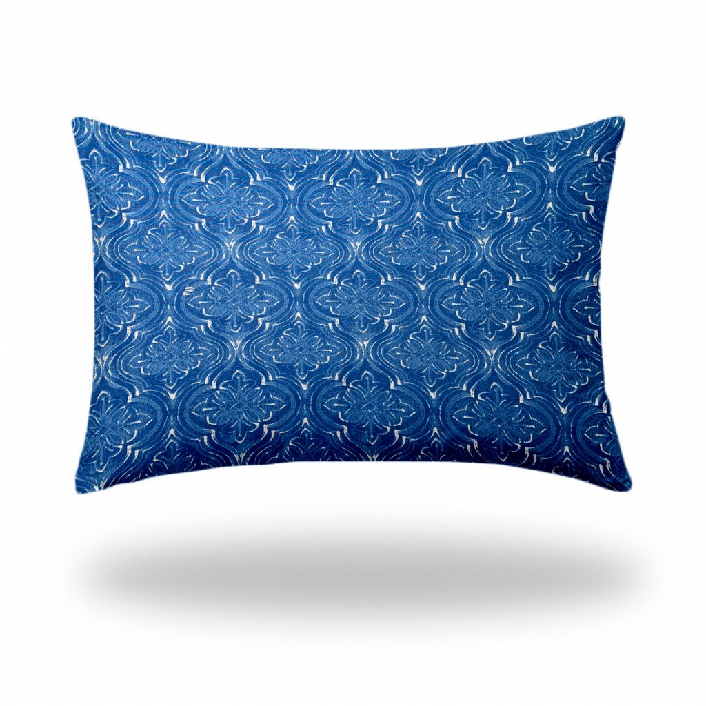 12" X 16" Blue And White Enveloped Ikat Lumbar Indoor Outdoor Pillow