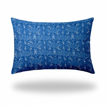 12" X 16" Blue And White Zippered Ikat Lumbar Indoor Outdoor Pillow