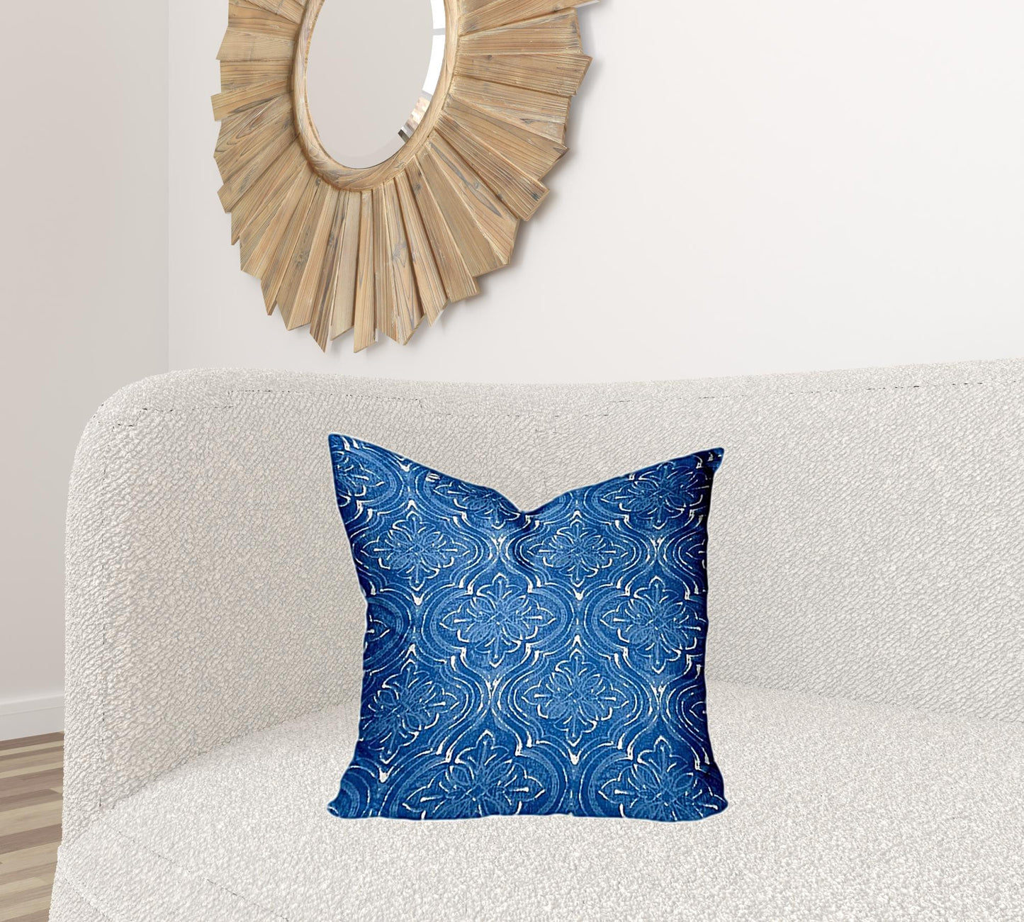 12" X 16" Blue And White Enveloped Ikat Lumbar Indoor Outdoor Pillow