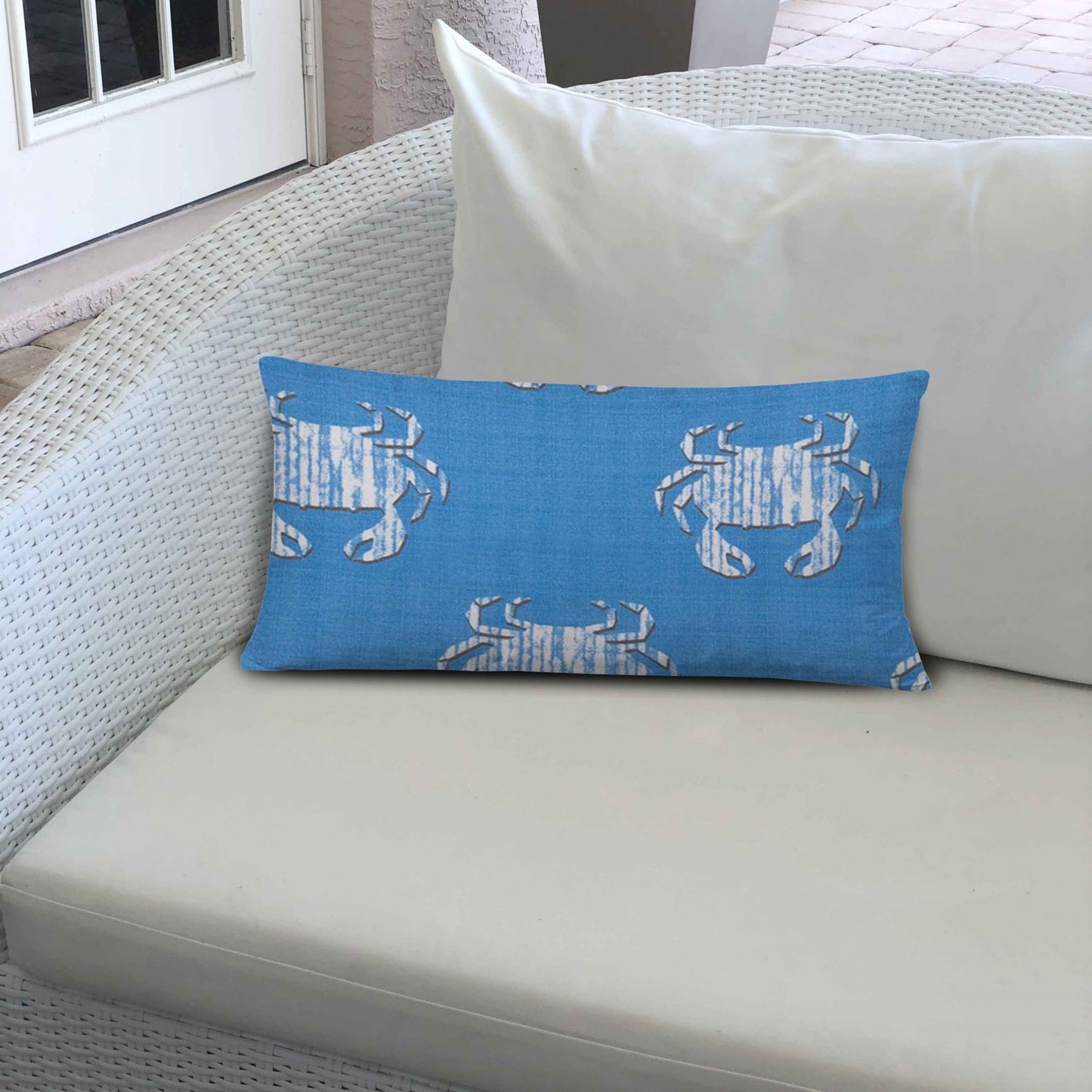 12" X 16" Blue And White Crab Enveloped Coastal Lumbar Indoor Outdoor Pillow