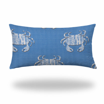 12" X 16" Blue And White Crab Enveloped Lumbar Indoor Outdoor Pillow Cover