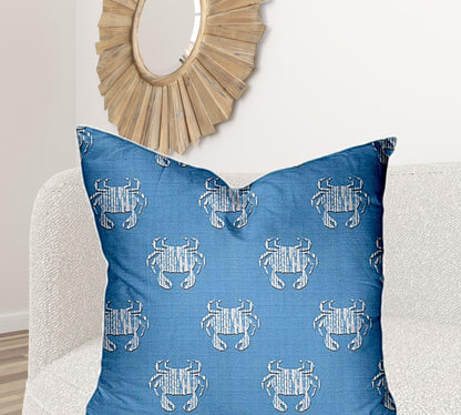 12" X 16" Blue And White Crab Zippered Lumbar Indoor Outdoor Pillow Cover