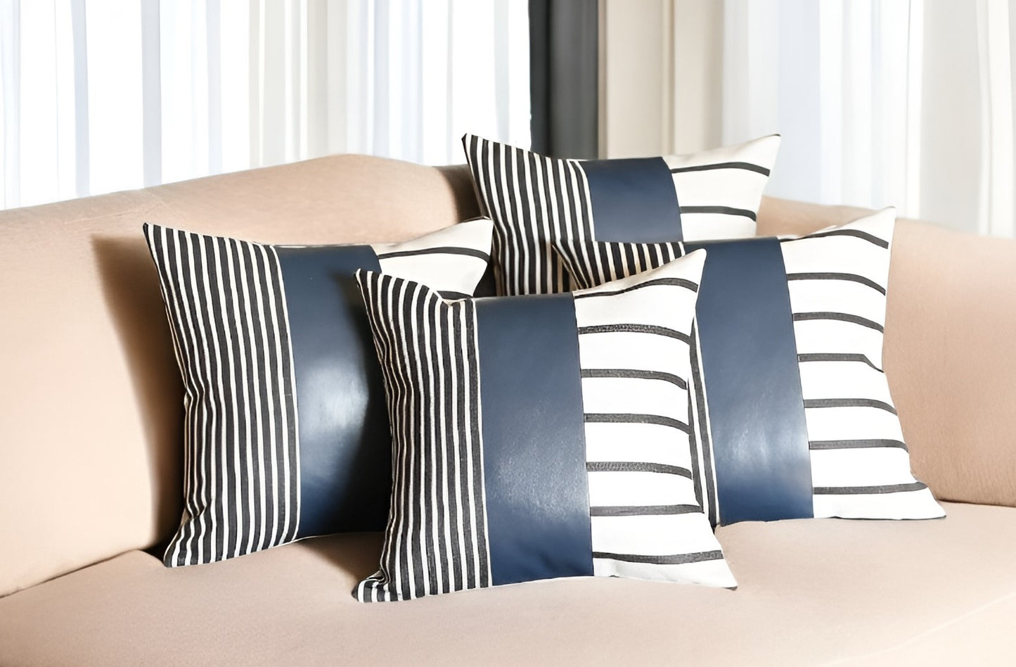 Set Of Four 22" X 22" Navy Blue Faux Leather Striped Zippered Pillow Cover