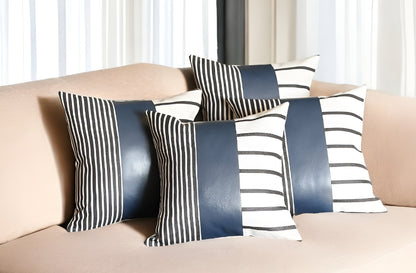 Set Of Four 22" X 22" Navy Blue Faux Leather Striped Zippered Pillow Cover