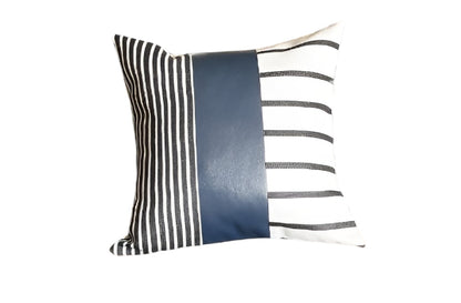 Set Of Four 22" X 22" Navy Blue Faux Leather Striped Zippered Pillow Cover