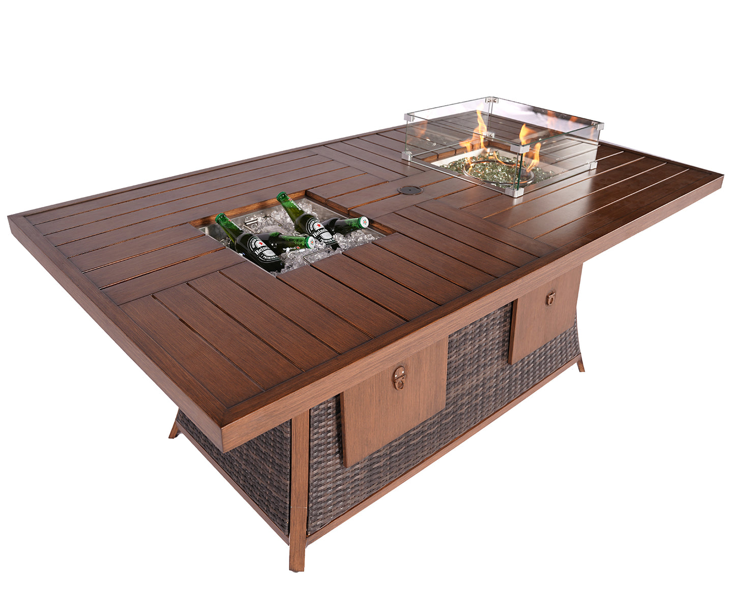 Brown Wicker Outdoor Gas Fire Pit Table with Ice Bucket