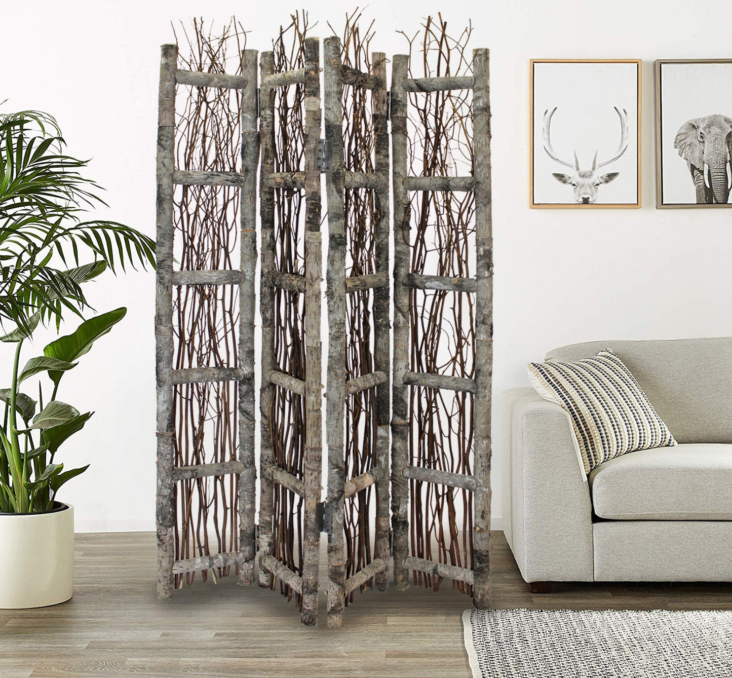 Earthy Birch and Twig Four Panel Room Divider Screen