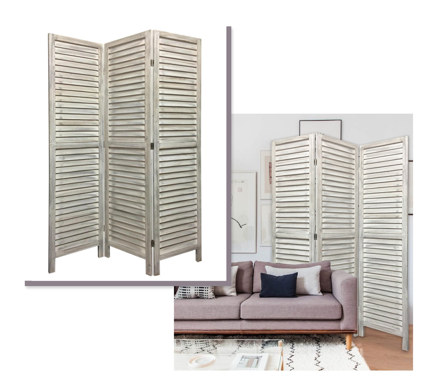 Stylish Three Panel Washed White Shutter Divider Screen