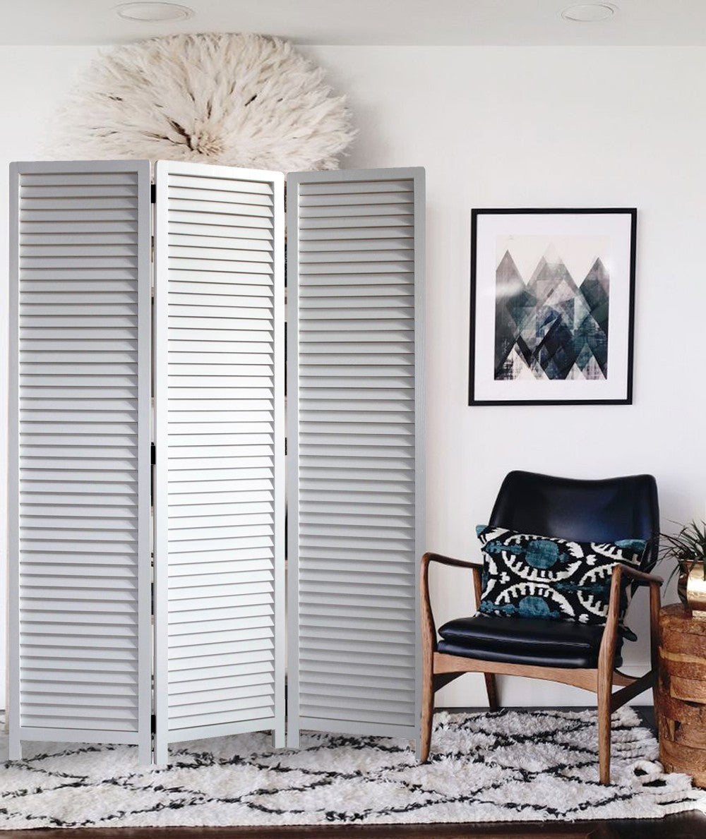 White Louvered Three Panel Room Divider Screen