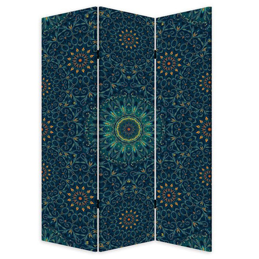 Blue Boho Mandala Three Panel Room Divider Screen