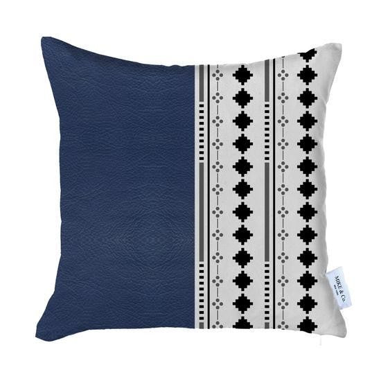 17" X 17" Navy Blue And White Diamond Zippered Handmade Faux Leather Throw Pillow