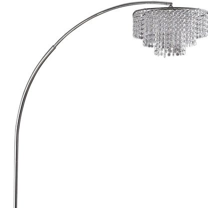 86" Silver And White Arc Floor Lamp With Faux Crystal Beading