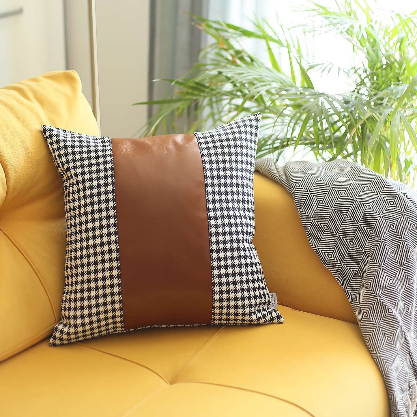 18" X 18" Black And Brown Houndstooth Zippered Handmade Polyester Throw Pillow Cover