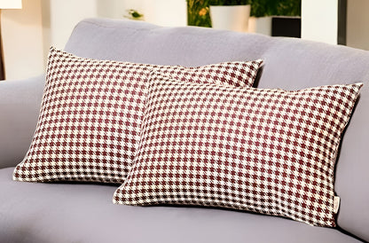 Set Of Two 20" X 12" Red Polyester Houndstooth Zippered Pillow