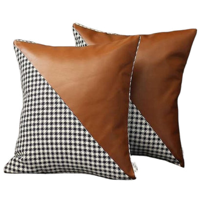 Set Of Two 18" X 18" Brown And Black Polyester Houndstooth Zippered Pillow