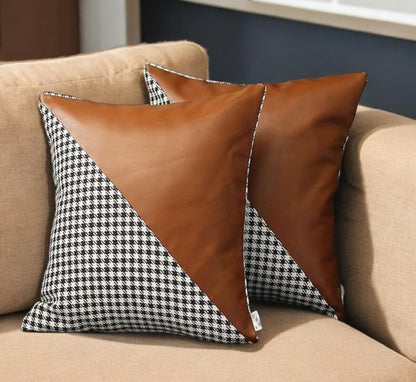 Set Of Two 18" X 18" Brown And Black Polyester Houndstooth Zippered Pillow