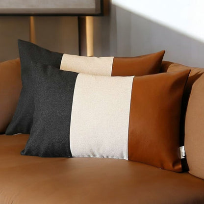 Set Of Two 20" X 12" Black Grey And Brown Polyester Geometric Zippered Pillow