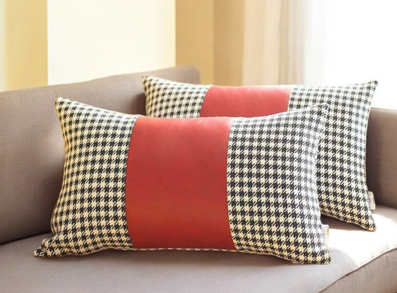 Set Of Two 20" X 12" Black And Red Polyester Houndstooth Zippered Pillow