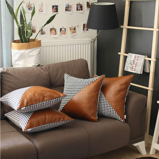 Set Of Four 18" X 18" Brown And Black Polyester Houndstooth Zippered Pillow