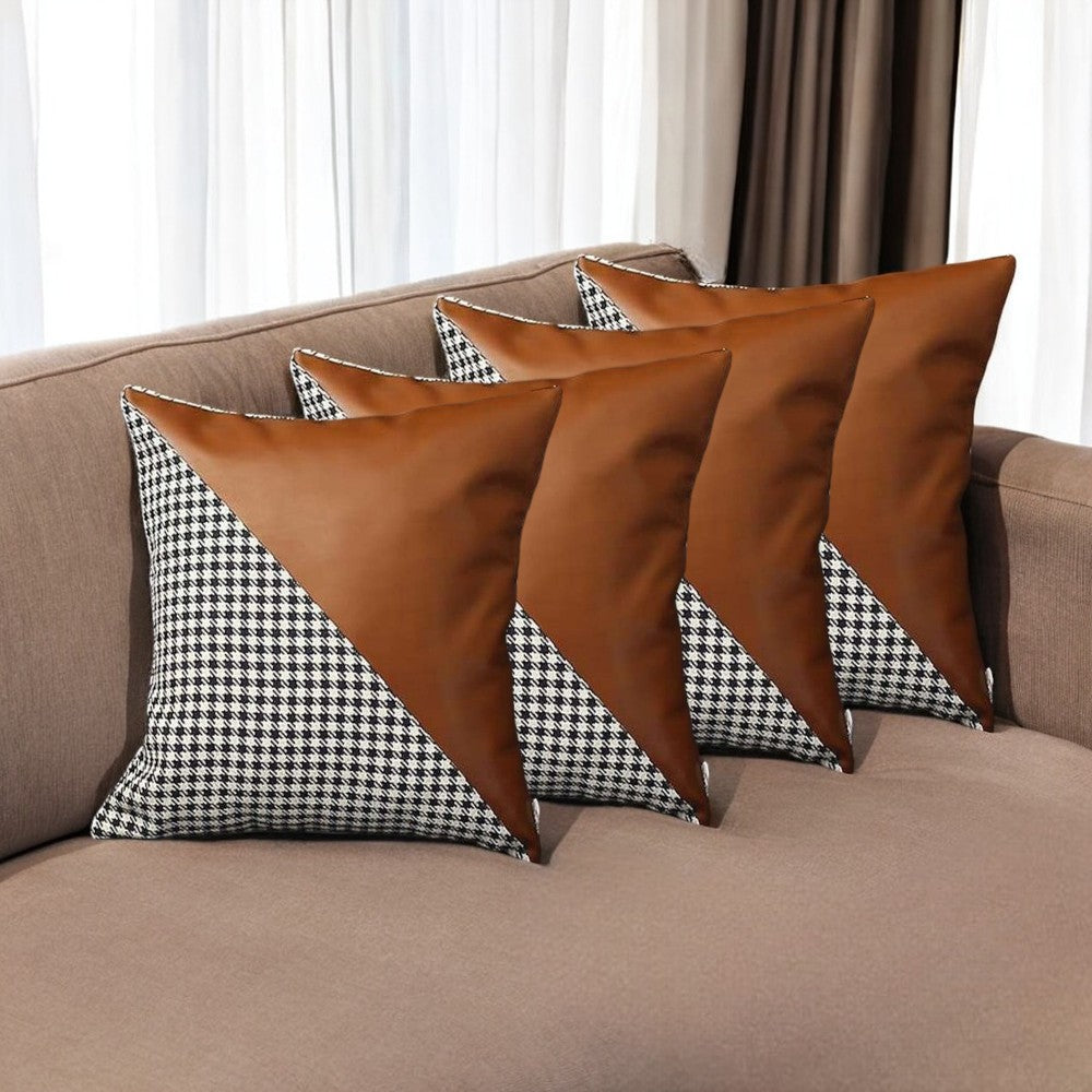 Set Of Four 18" X 18" Brown And Black Polyester Houndstooth Zippered Pillow