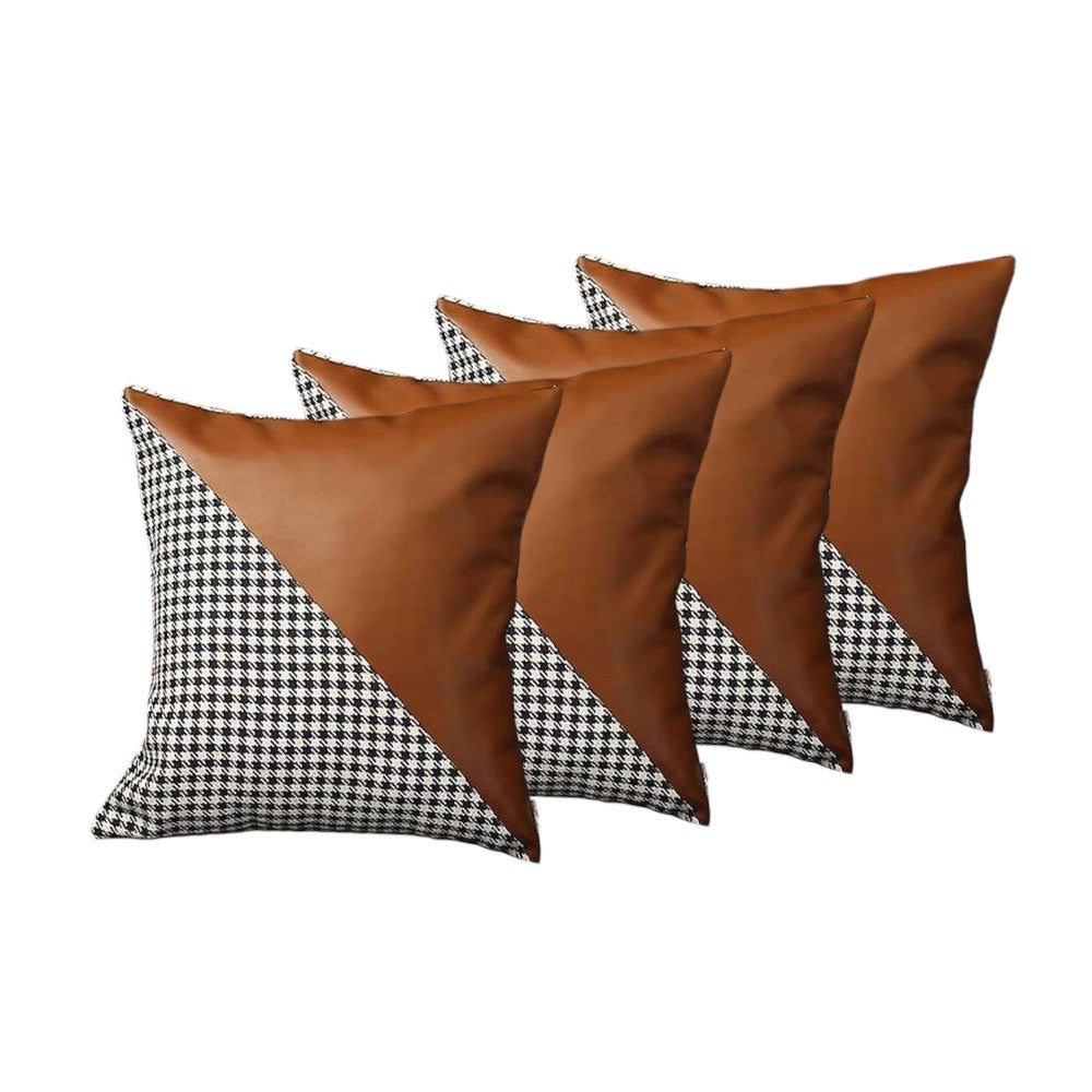 Set Of Four 18" X 18" Brown And Black Polyester Houndstooth Zippered Pillow