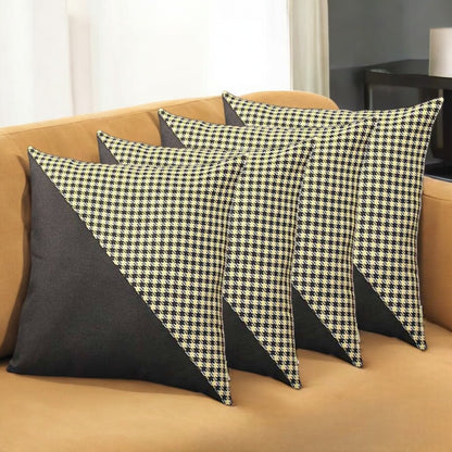 Set Of Four 18" X 18" Black And Yellow Polyester Houndstooth Zippered Pillow