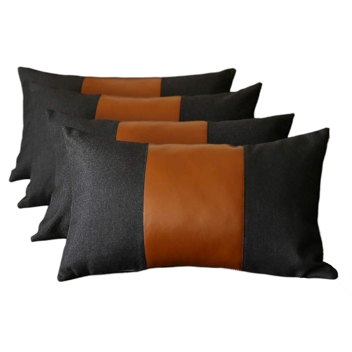 Set Of Four 20" X 12" Black And Brown Polyester Geometric Zippered Pillow