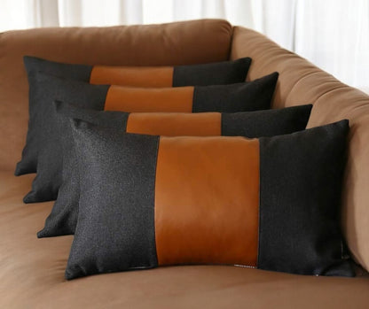 Set Of Four 20" X 12" Black And Brown Polyester Geometric Zippered Pillow