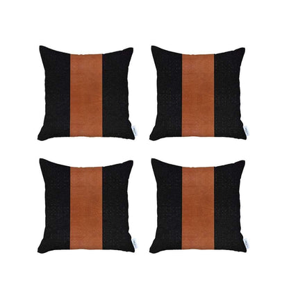 Set Of Four 18" X 18" Black And Brown Geometric Zippered Handmade Polyester Throw Pillow