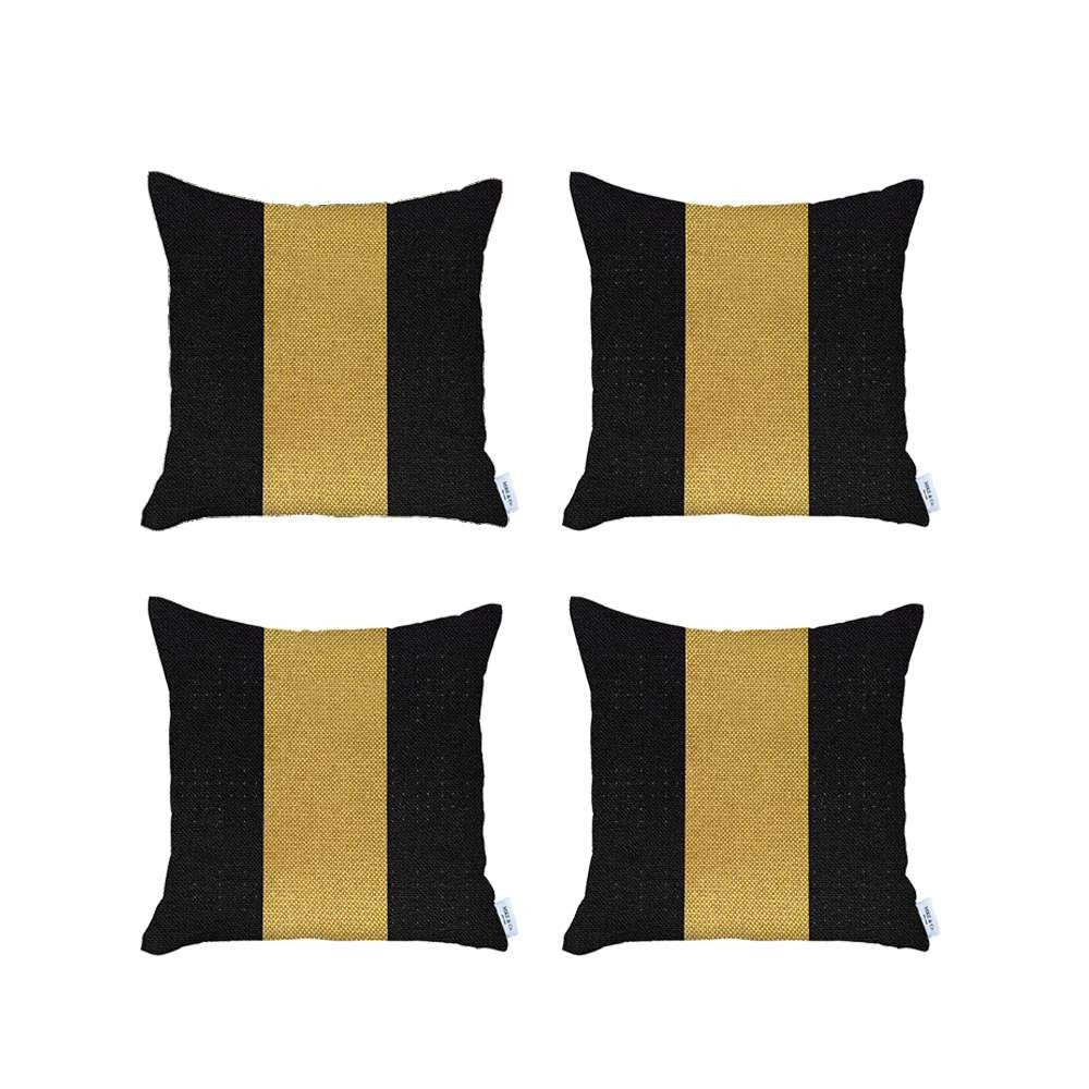 Set Of Four 18" X 18" Black And Yellow Geometric Zippered Handmade Polyester Throw Pillow