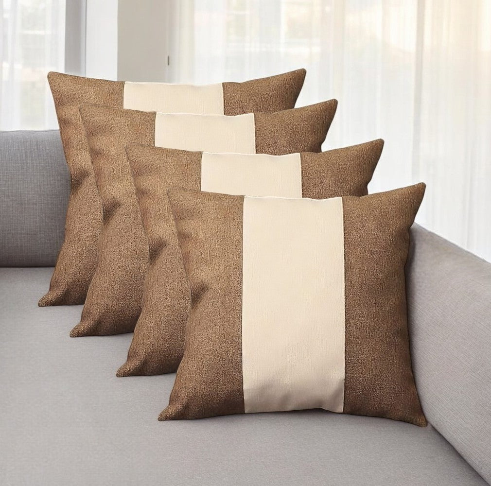 Set Of Four 18" X 18" Brown And Grey Polyester Geometric Zippered Pillow