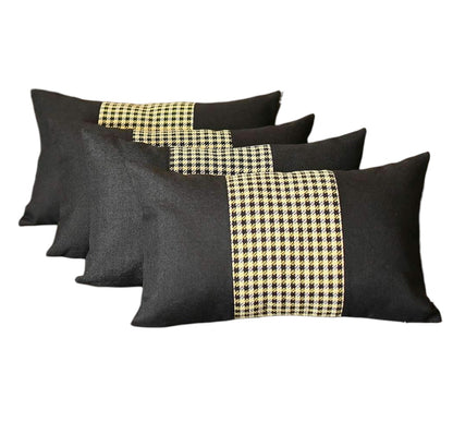 Set Of Four 20" X 12" Black And Yellow Polyester Houndstooth Zippered Pillow