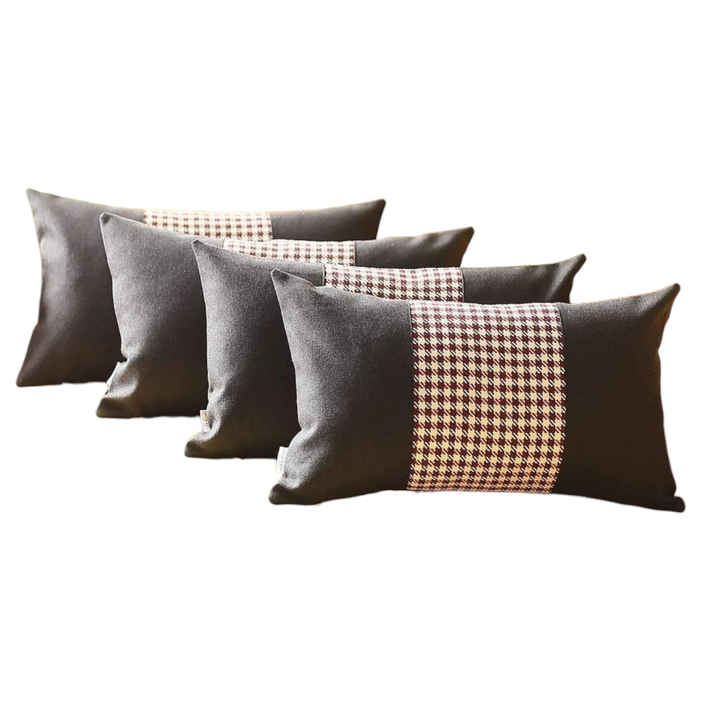 Set Of Four 20" X 12" Black And Red Polyester Houndstooth Zippered Pillow