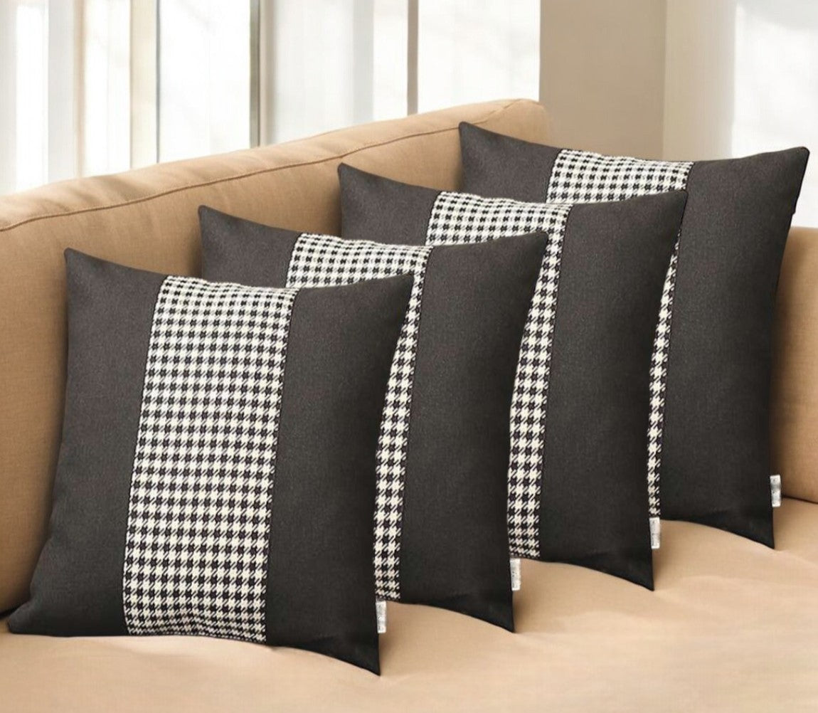 Set Of Four 18" X 18" Black And White Polyester Houndstooth Zippered Pillow