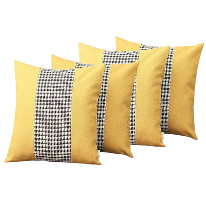 Set Of Four 18" X 18" Yellow And White Polyester Houndstooth Zippered Pillow