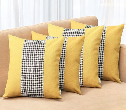 Set Of Four 18" X 18" Yellow And White Polyester Houndstooth Zippered Pillow