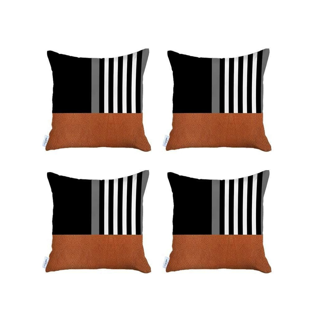 Set Of Four 18" X 18" Brown And Black Polyester Striped Zippered Pillow