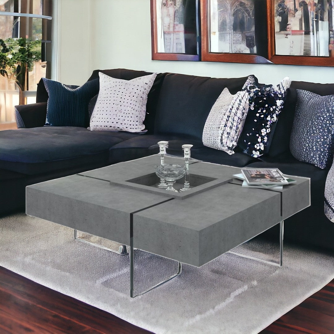 47" Gray And Clear Glass Square Coffee Table With Four Drawers