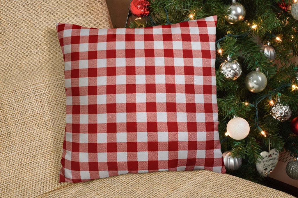 20" Gray and Red Christmas Gingham Cotton Throw Pillow Cover