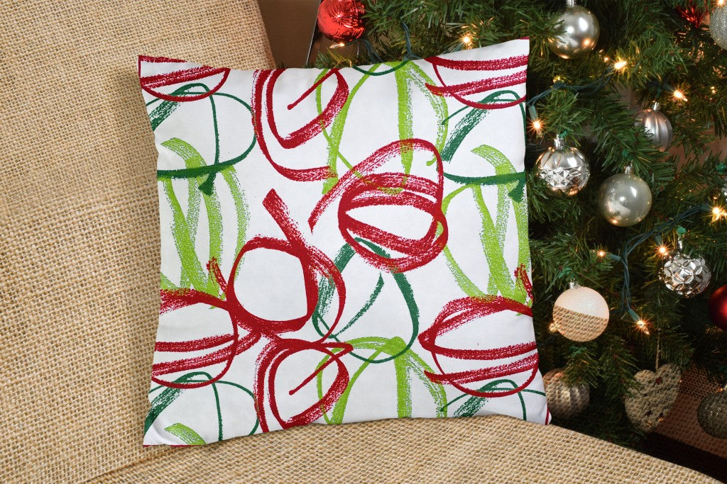 17" White and Red Abstract Cotton Throw Pillow Cover