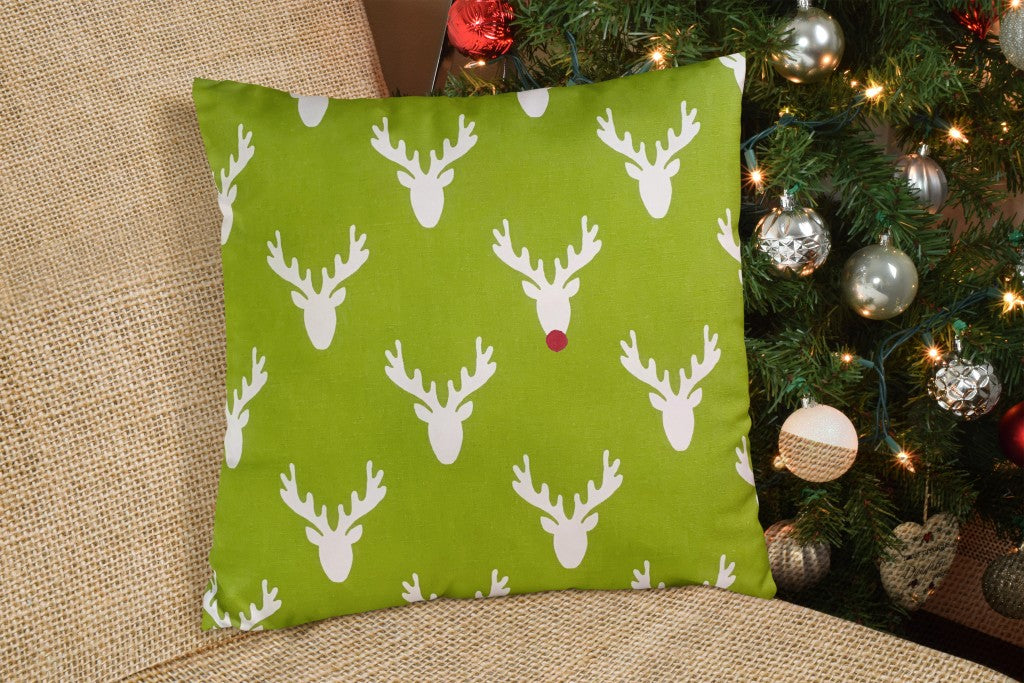 14" Green and White Stag Cotton Throw Pillow Cover