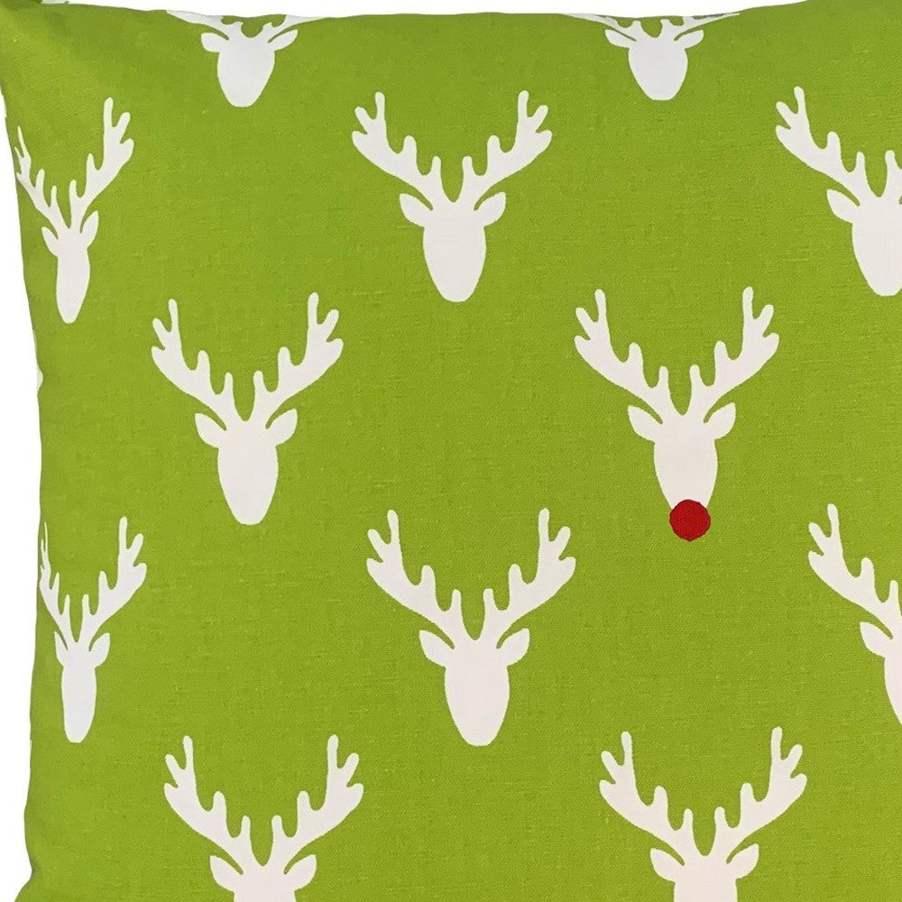 14" Green and White Stag Cotton Throw Pillow Cover