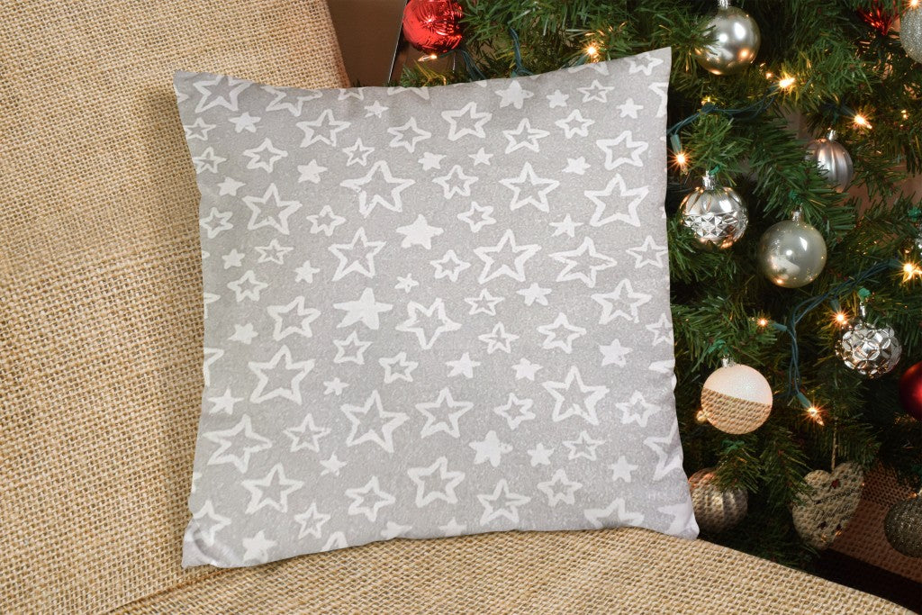 14" Silver and White Star Cotton Throw Pillow Cover