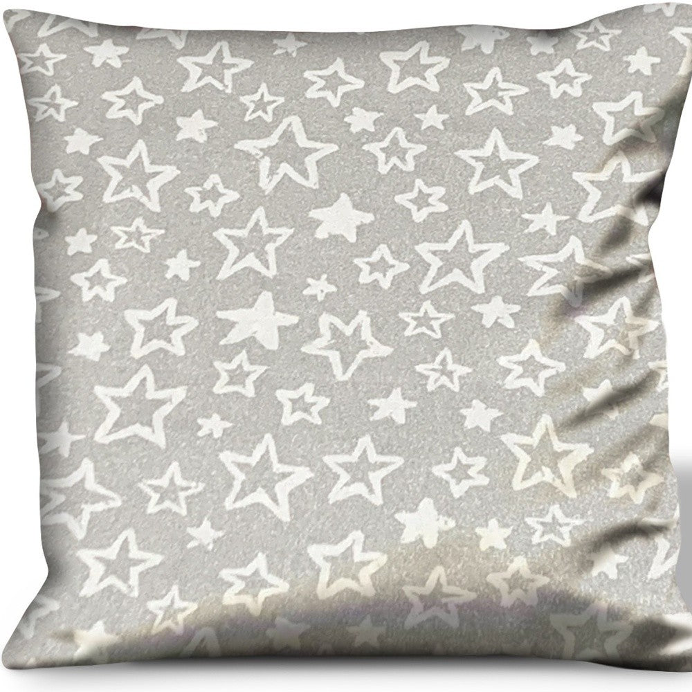 14" Silver and White Star Cotton Throw Pillow Cover