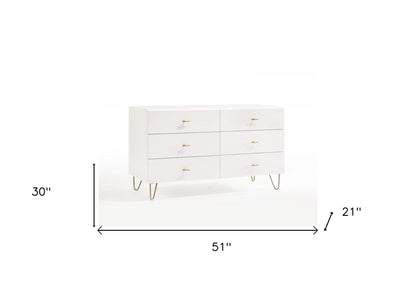 51" White Manufactured Wood Six Drawer Double Dresser