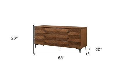 63" Brown Six Drawer Wood Double Dresser